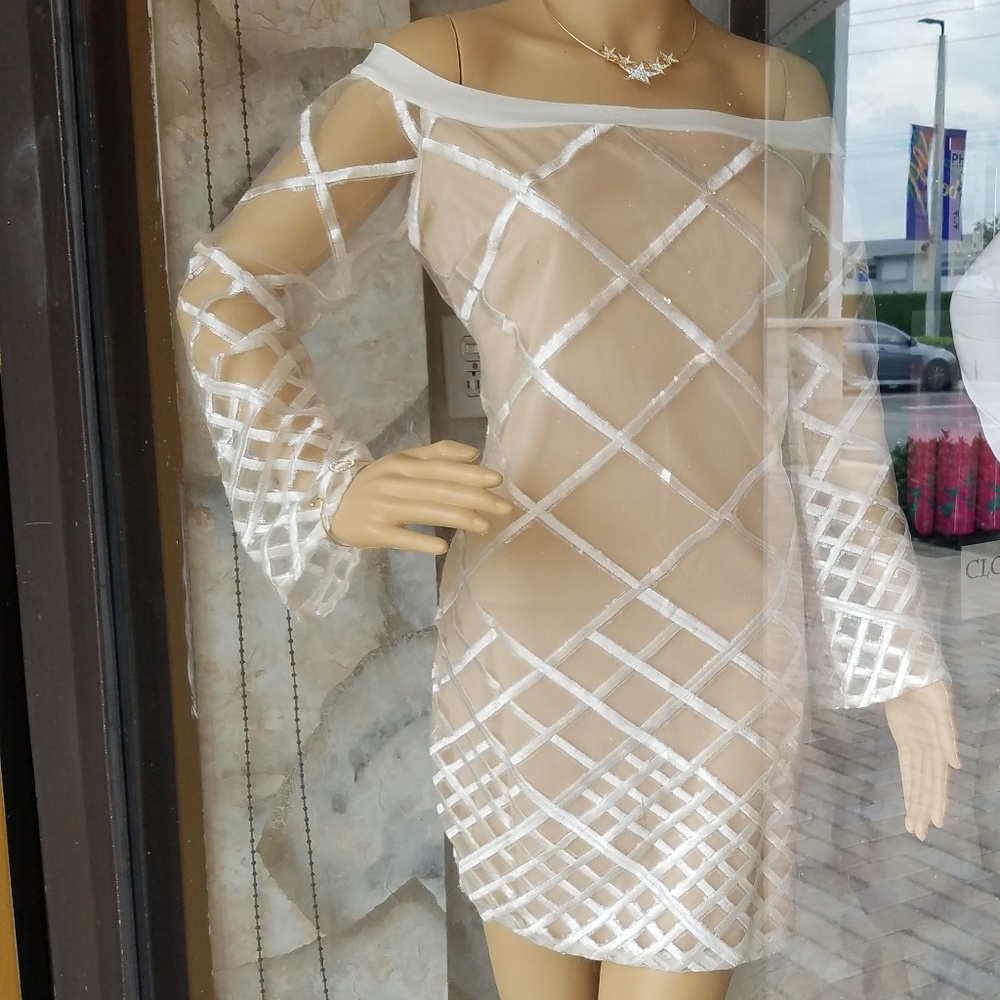 White nude and sequin illusion off the shoulder - Picture 9 of 14